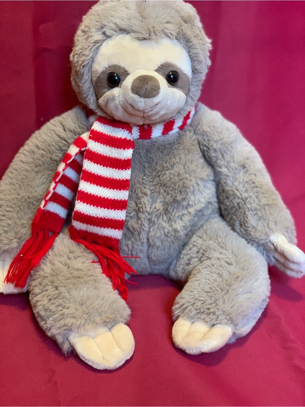 Bearington Plush Gray Sloth with Red & White Stripe Scarf